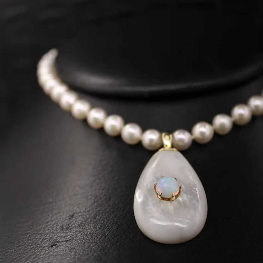 Exquisite 14k Gold Pearl Necklace 27" Opal & Moth… - image 6