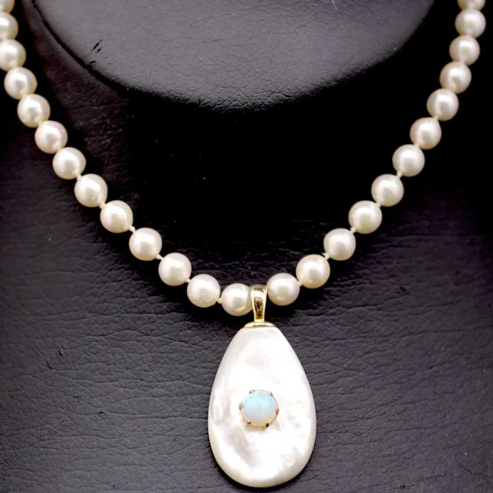 Exquisite 14k Gold Pearl Necklace 27" Opal & Moth… - image 7