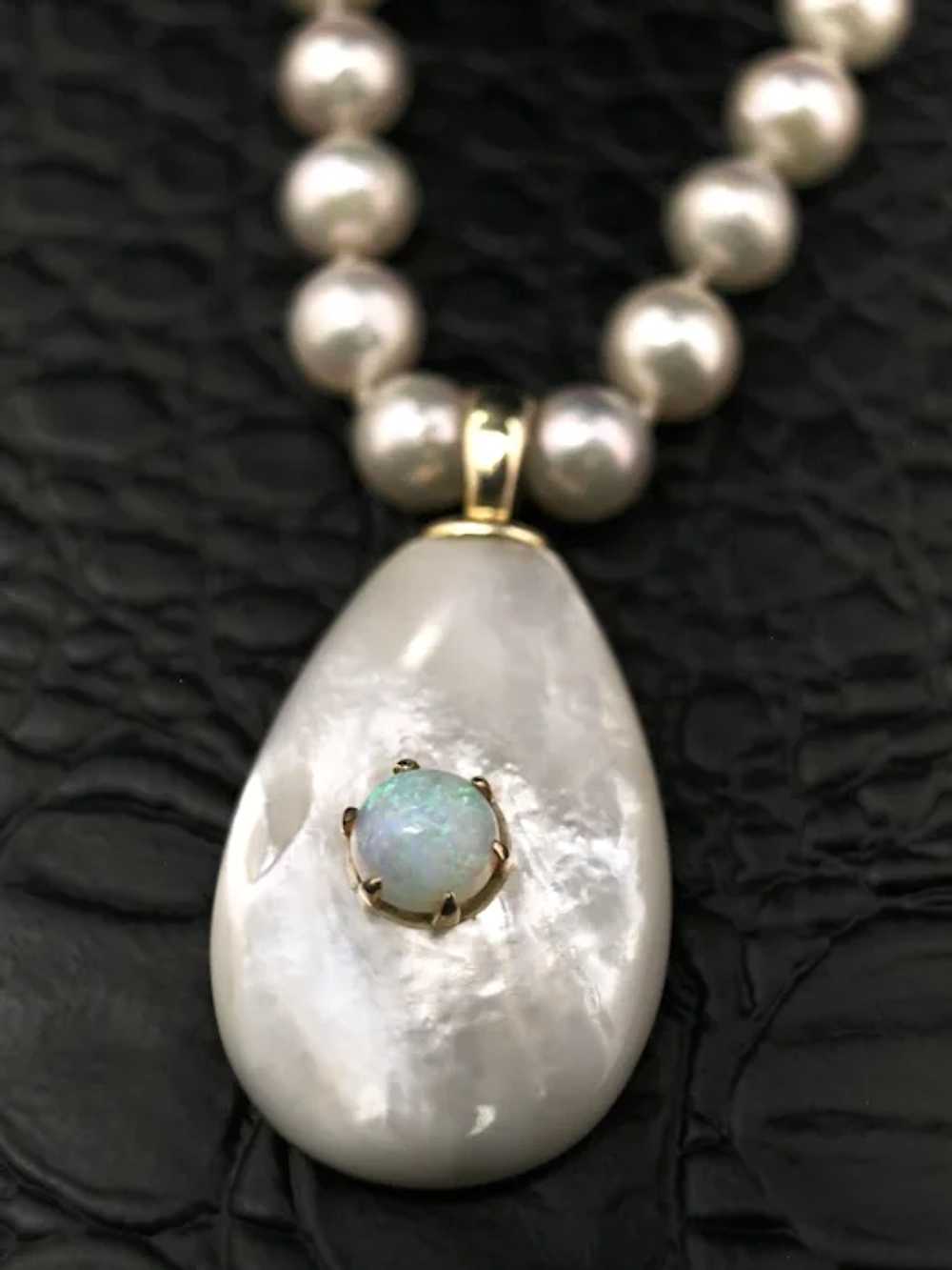 Exquisite 14k Gold Pearl Necklace 27" Opal & Moth… - image 8