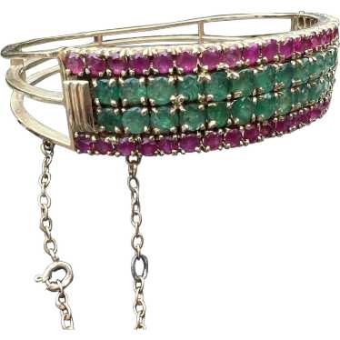 18K Yellow Gold Ruby and Emerald Wide Bangle