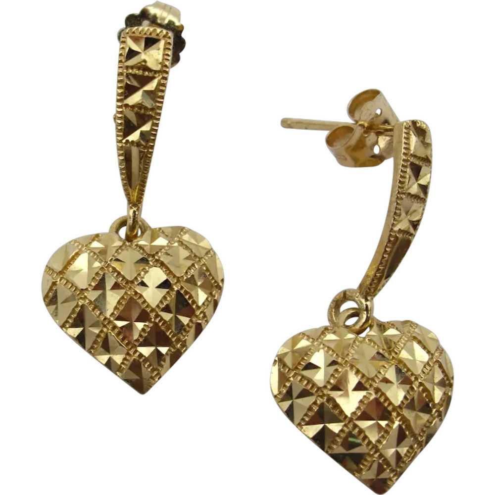 14k Yellow Gold Sparkle Heart Dangles Earrings - image 1