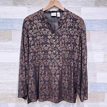 Chicos Silk Foil Floral Print Blouse Brown Sheer … - image 1