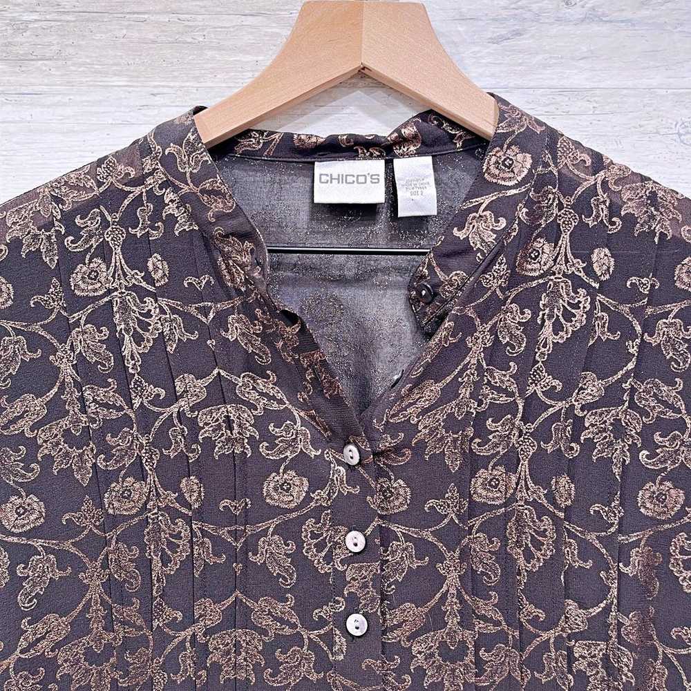Chicos Silk Foil Floral Print Blouse Brown Sheer … - image 2