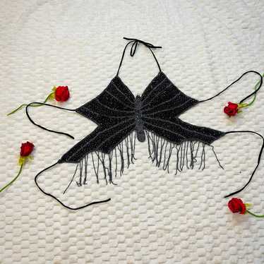 Y2K vintage Rare black hand beaded butterfly fring