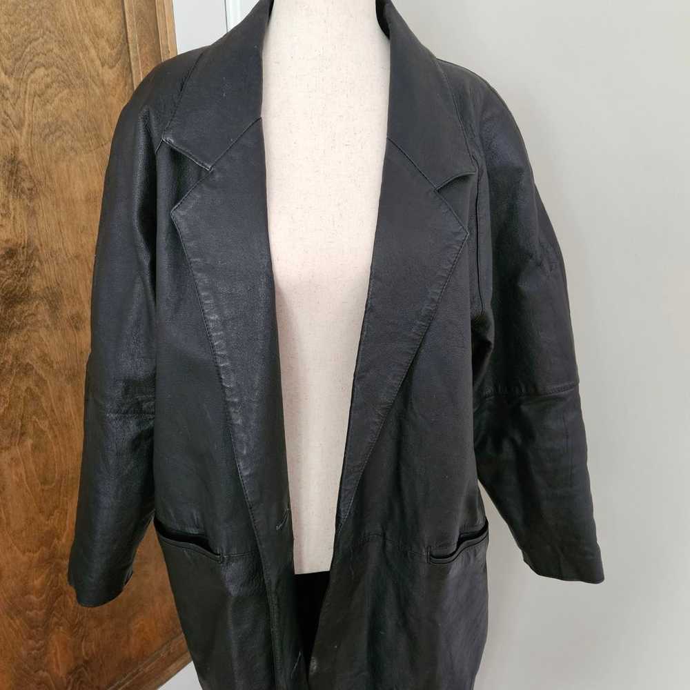 Long Black Leather Jacket Vintage 80s 90s Pockets… - image 2