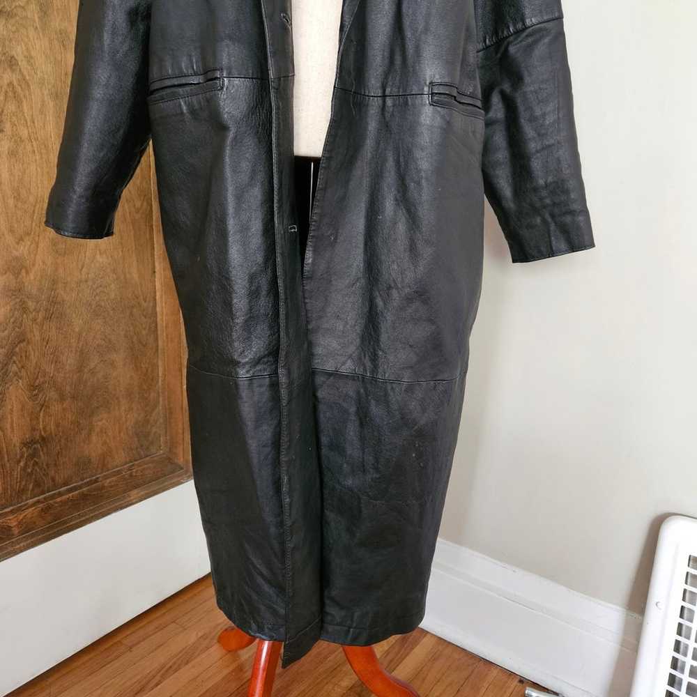 Long Black Leather Jacket Vintage 80s 90s Pockets… - image 3
