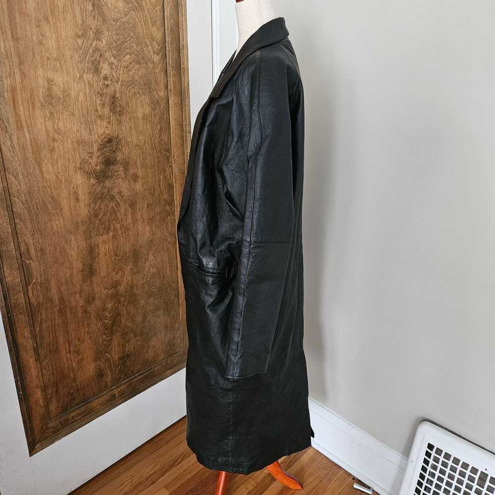 Long Black Leather Jacket Vintage 80s 90s Pockets… - image 4