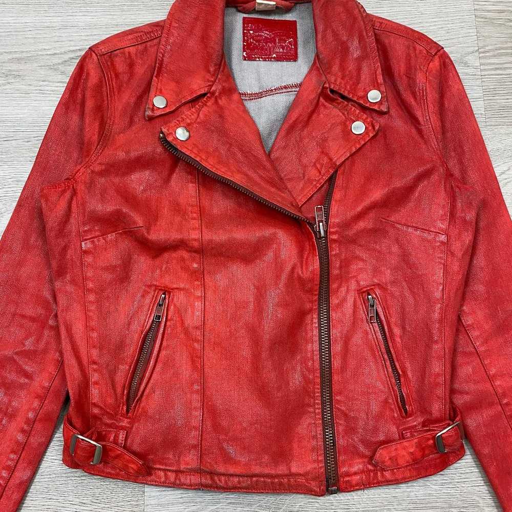Rare Levi's Red Waxed Denim Moto Jacket Women's L… - image 2
