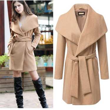 MNG Wool Blend Belted Trench Coat Jacket Tan Camel