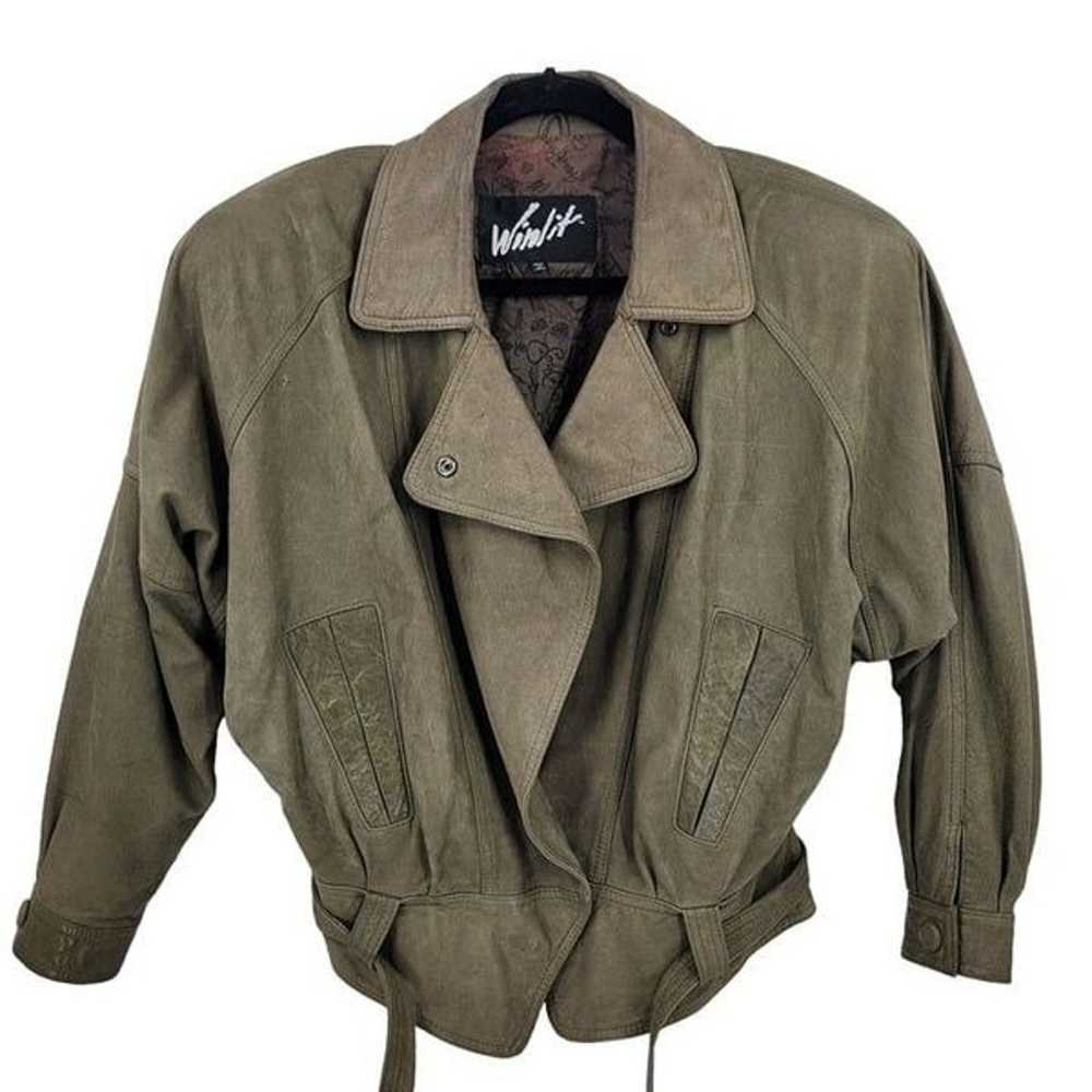 Rare Vintage 80s Winlit Army Green Leather Bomber… - image 1