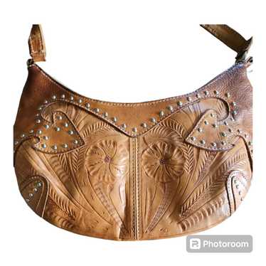 Vintage 1990's Hand Tooled Leather Hobo Shoulder … - image 1