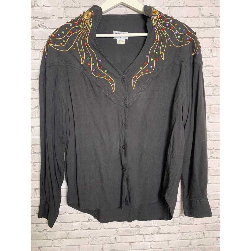 Vintage 90s Wrangler Shirt Womens M Black Button … - image 1