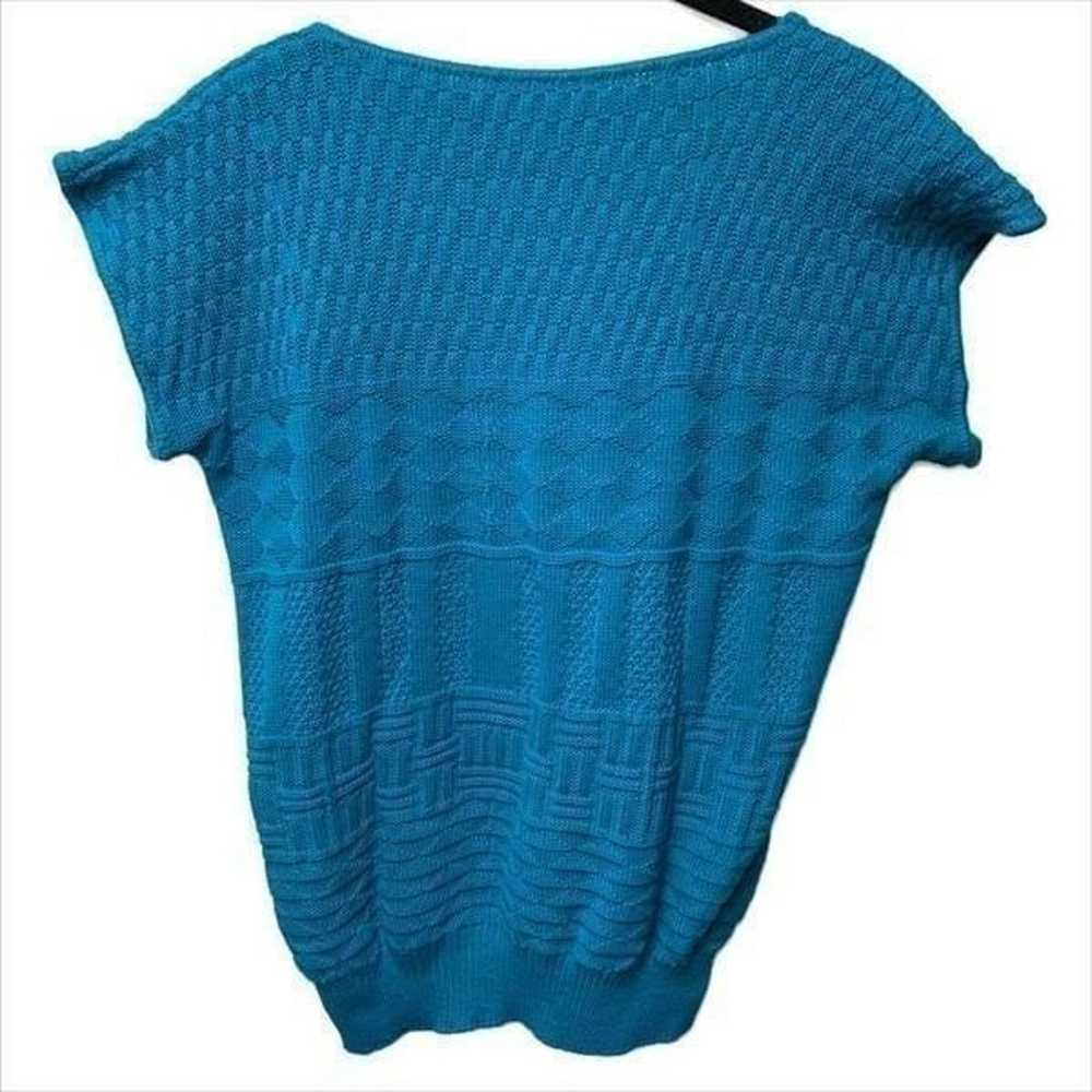 Vintage 80s Teal Short Sleeve Knit Sweater Blouse - image 3