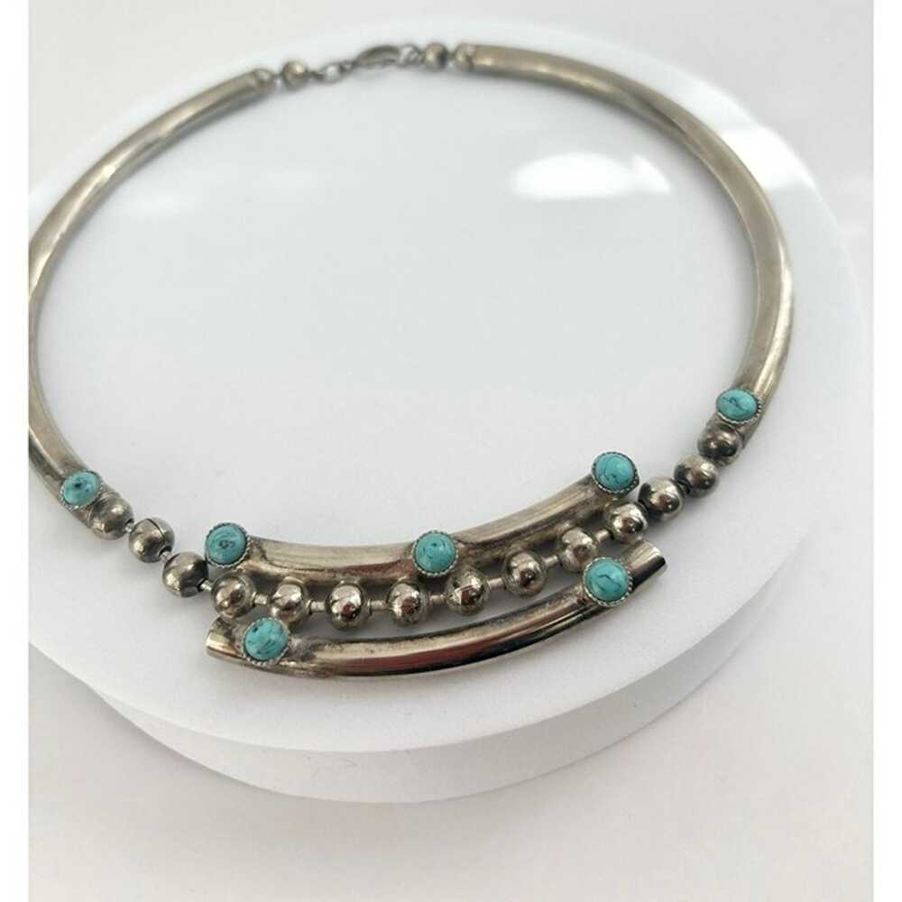 Vintage Pewter Silver Tone & Turquoise Colored Ad… - image 1