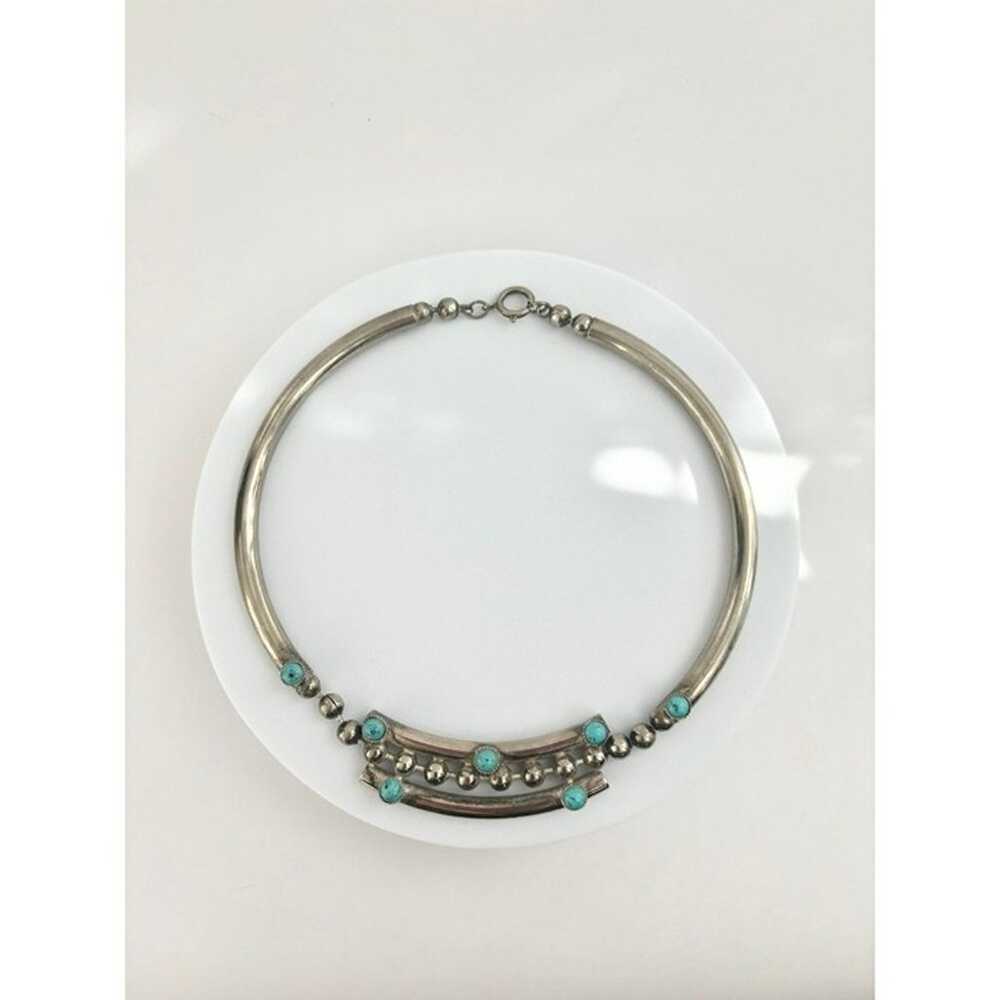 Vintage Pewter Silver Tone & Turquoise Colored Ad… - image 2