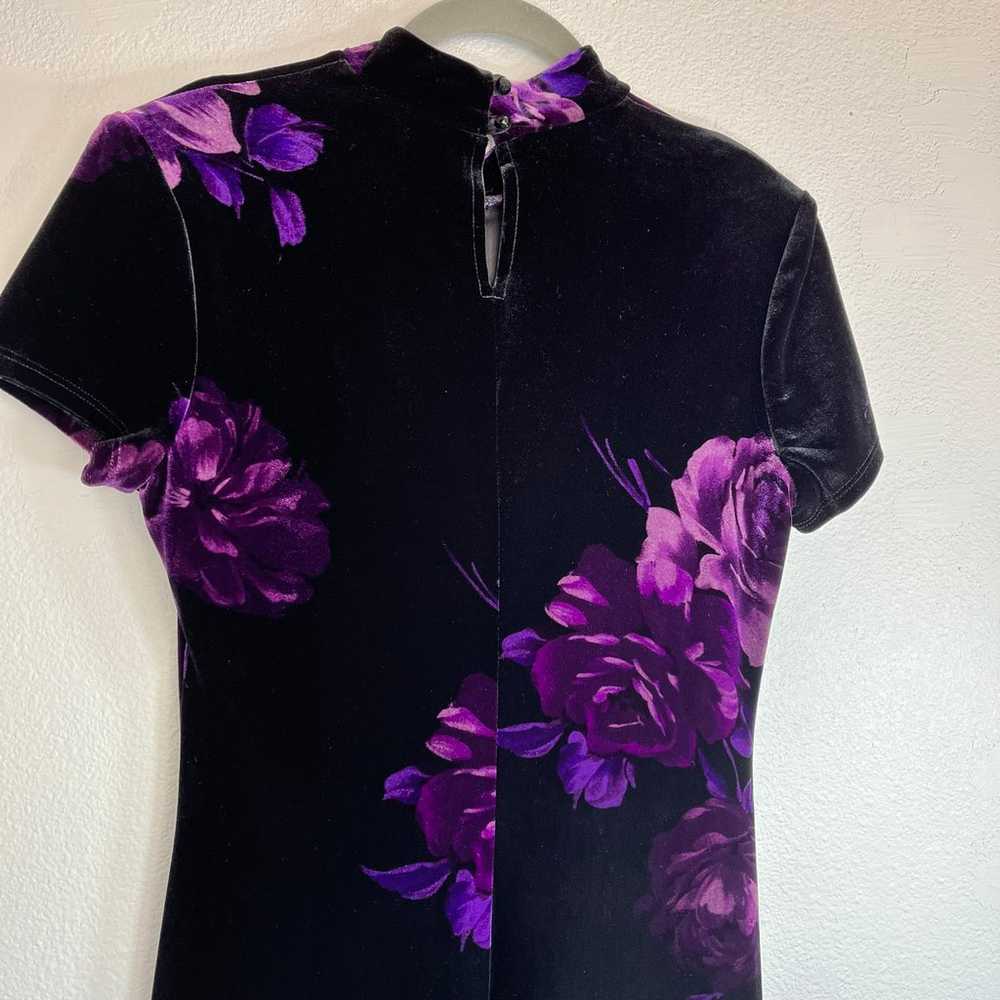 Vintage Black Velvet Purple Rose Bodycon Maxi Dre… - image 5