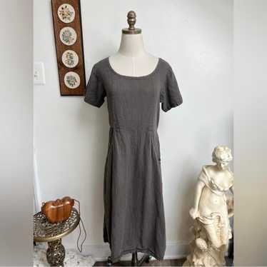 90s Linen Vintage Grey Midi Dress with Pockets by… - image 1