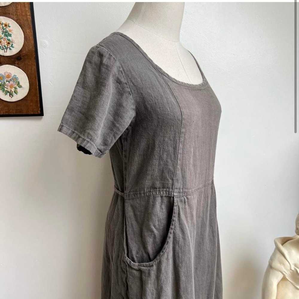 90s Linen Vintage Grey Midi Dress with Pockets by… - image 2