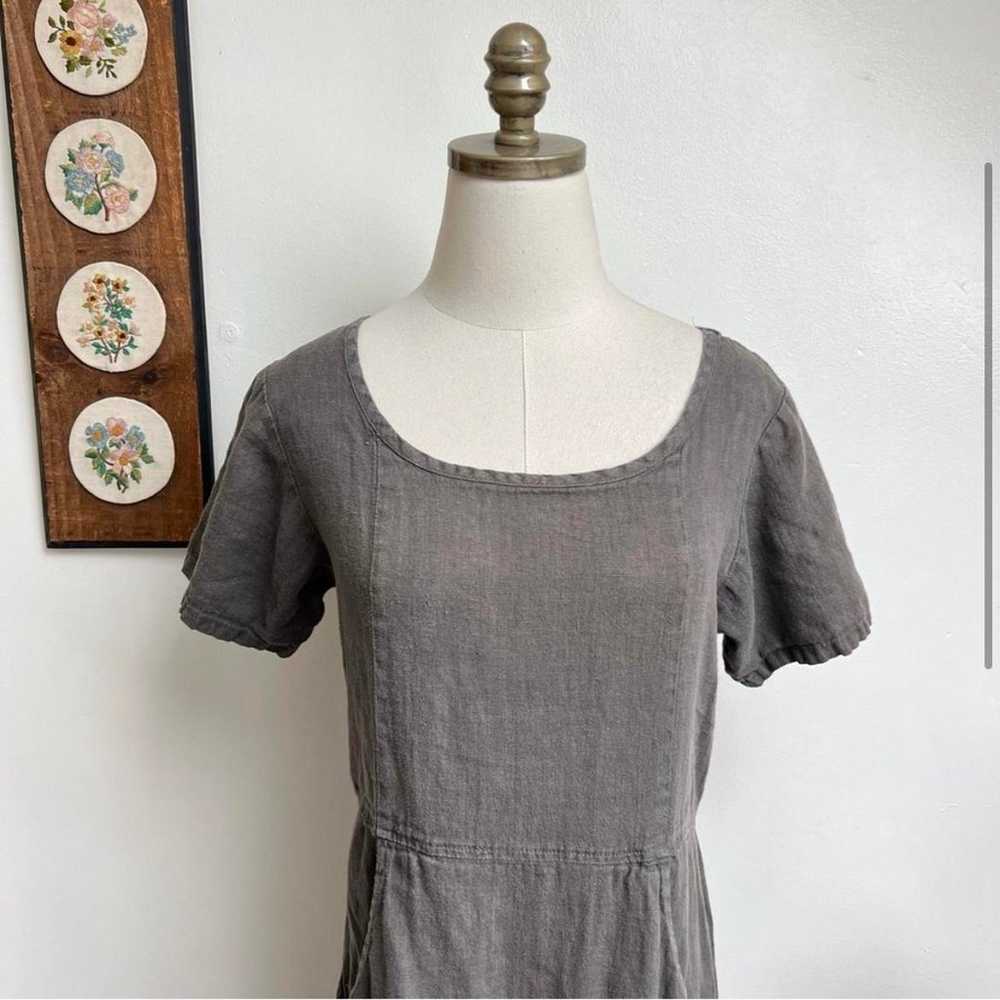 90s Linen Vintage Grey Midi Dress with Pockets by… - image 3