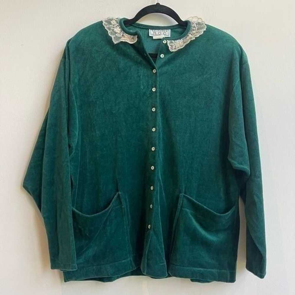 Vintage Emerald Green Velvet Cardigan Shacket w/ … - image 1