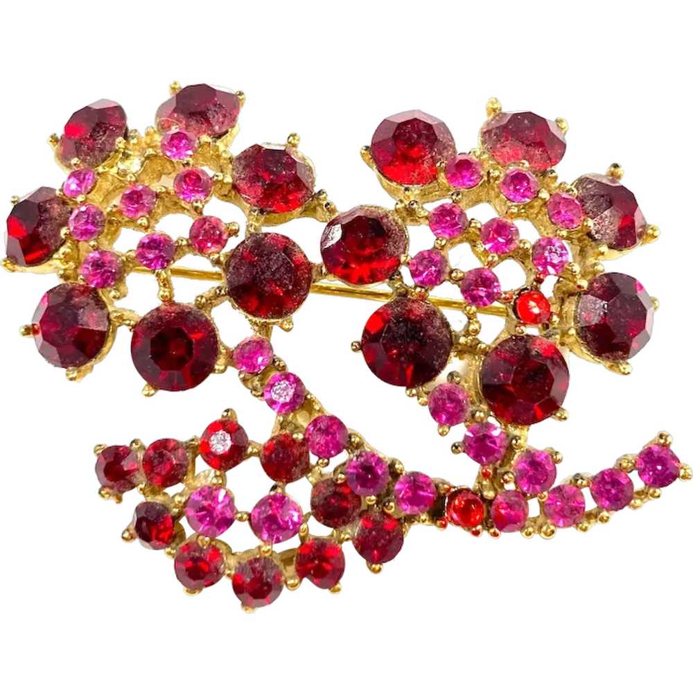 Red and Pink Rhinestone Floral Bouquet Brooch - image 1