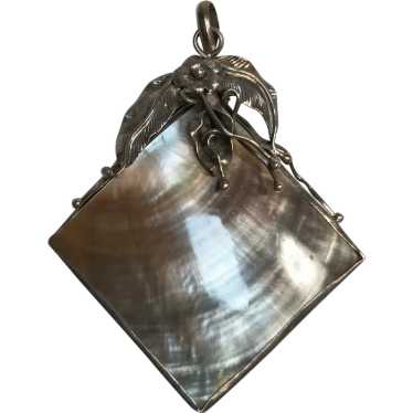 Large sterling silver shell pendant flower leaf v… - image 1