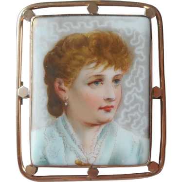 Victorian Porcelain Portrait Pin Antique Gold Fill