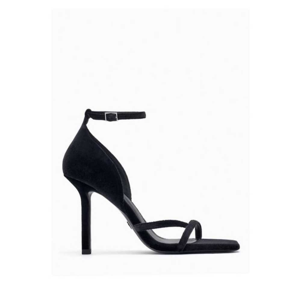 NEW ZARA Velvet Ankle Strap Heeled Sandals 9 Black - image 2