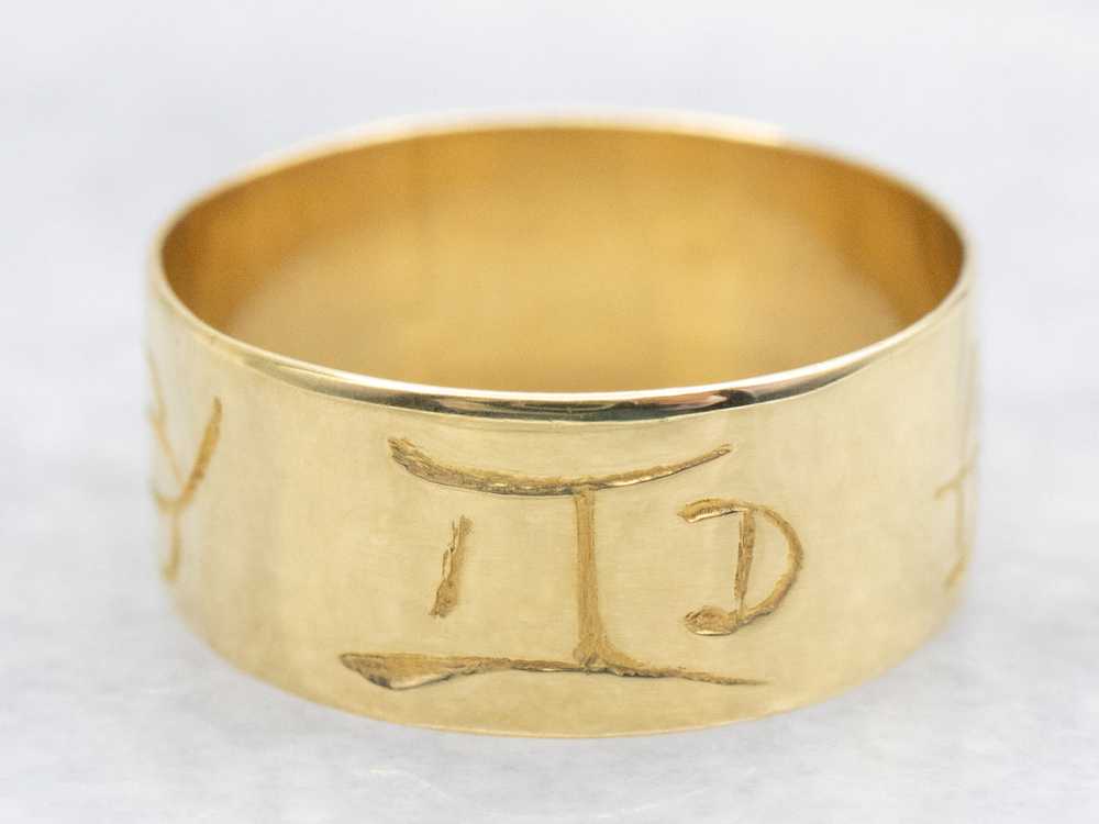 Yellow Gold Wide Band with Engraved Symbols - image 1