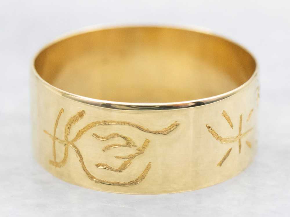 Yellow Gold Wide Band with Engraved Symbols - image 2