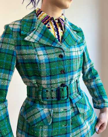 70’s Blue & Green Plaid Tweed Belted Jacket