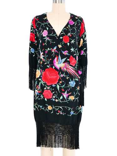 Adolfo Fringed Embroidered Wrap Dress