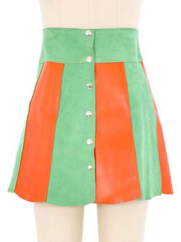 Seafoam And Orange Colorblock Leather Mini Skirt