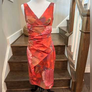 Lela Rose Red Floral Silk Pencil Sheath Dress Siz… - image 1