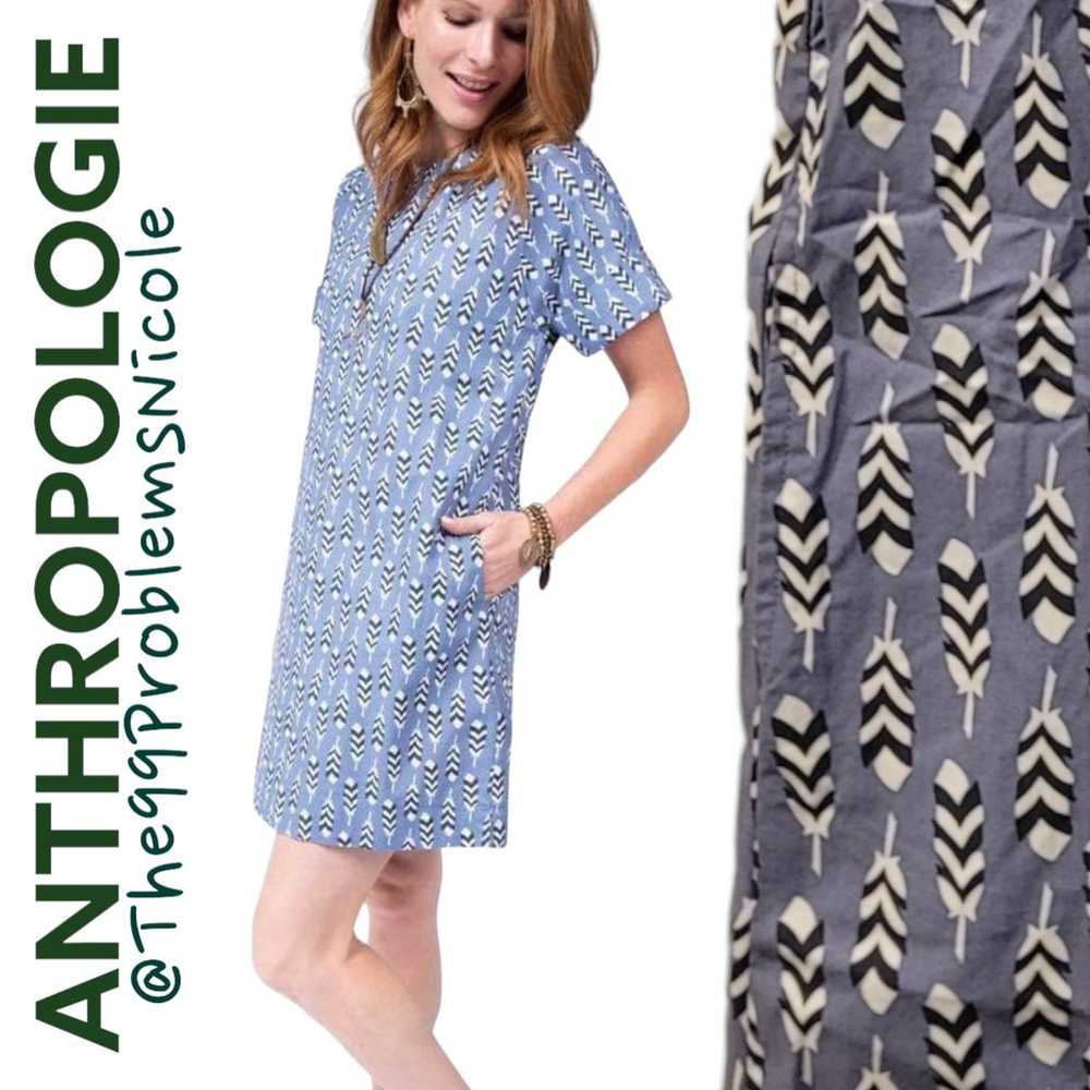 Anthropologie Feather Print Cotton Shift Dress wi… - image 1