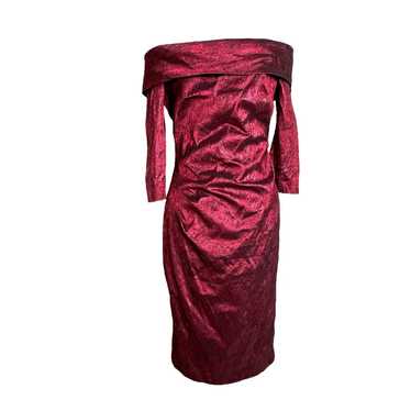 Theia Off Shoulder Metallic Burgundy Red Dress Si… - image 1