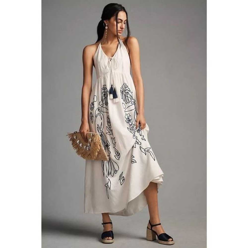 New Farm Rio Embroidered Halter Dress Linen Anthr… - image 1