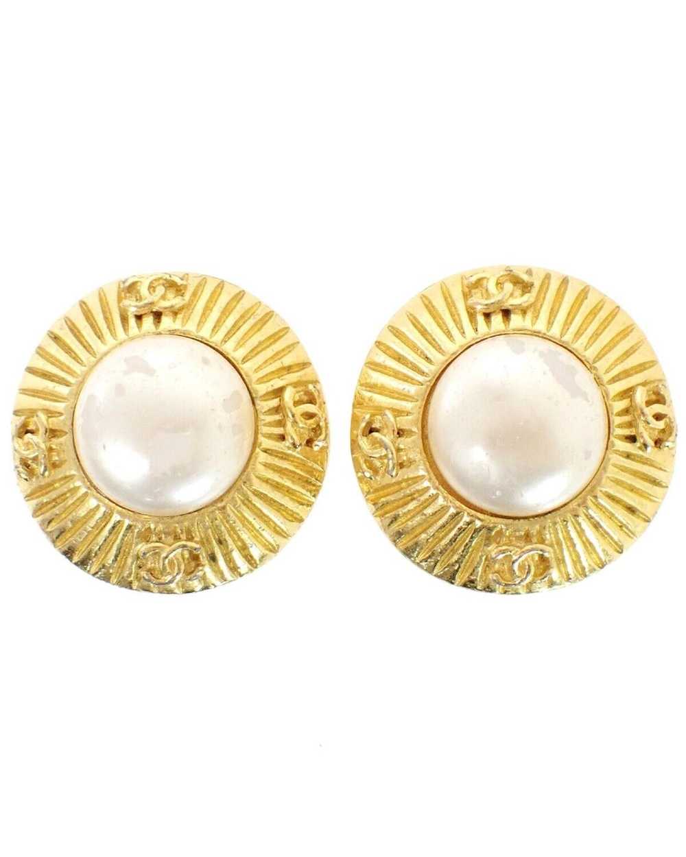 Chanel Gold Round Button Earrings with Imitation … - image 1