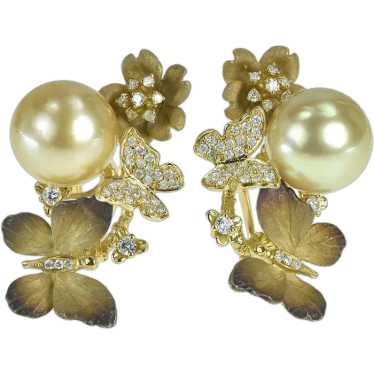 18K J Y Designer Diamond Pearl Butterfly Earrings… - image 1