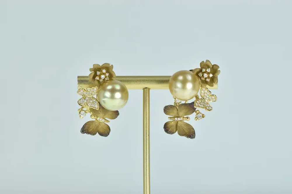 18K J Y Designer Diamond Pearl Butterfly Earrings… - image 5