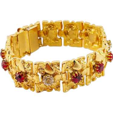Gold Plated Textured Heavy Link Bracelet with Red 