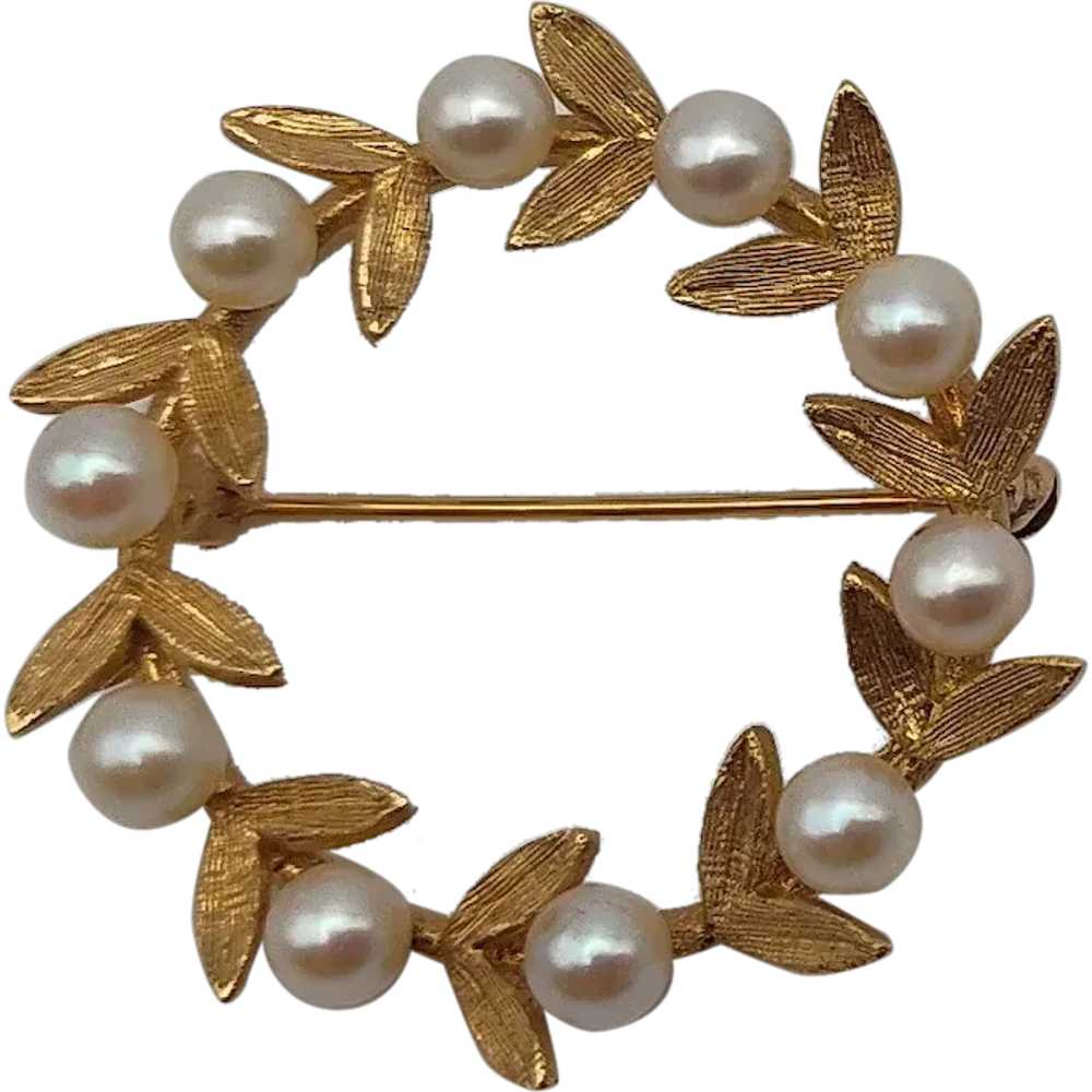 Cultured pearl round circle leaves 14k solid yell… - image 1