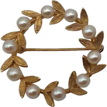 Cultured pearl round circle leaves 14k solid yell… - image 1