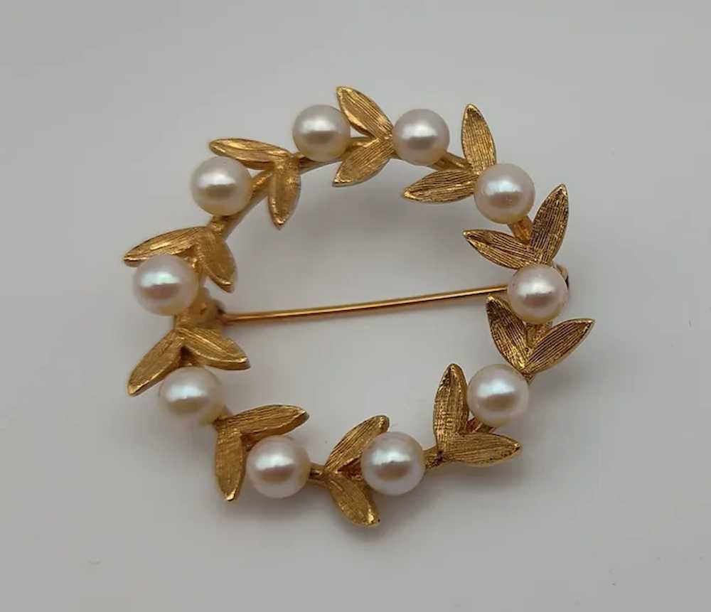 Cultured pearl round circle leaves 14k solid yell… - image 2