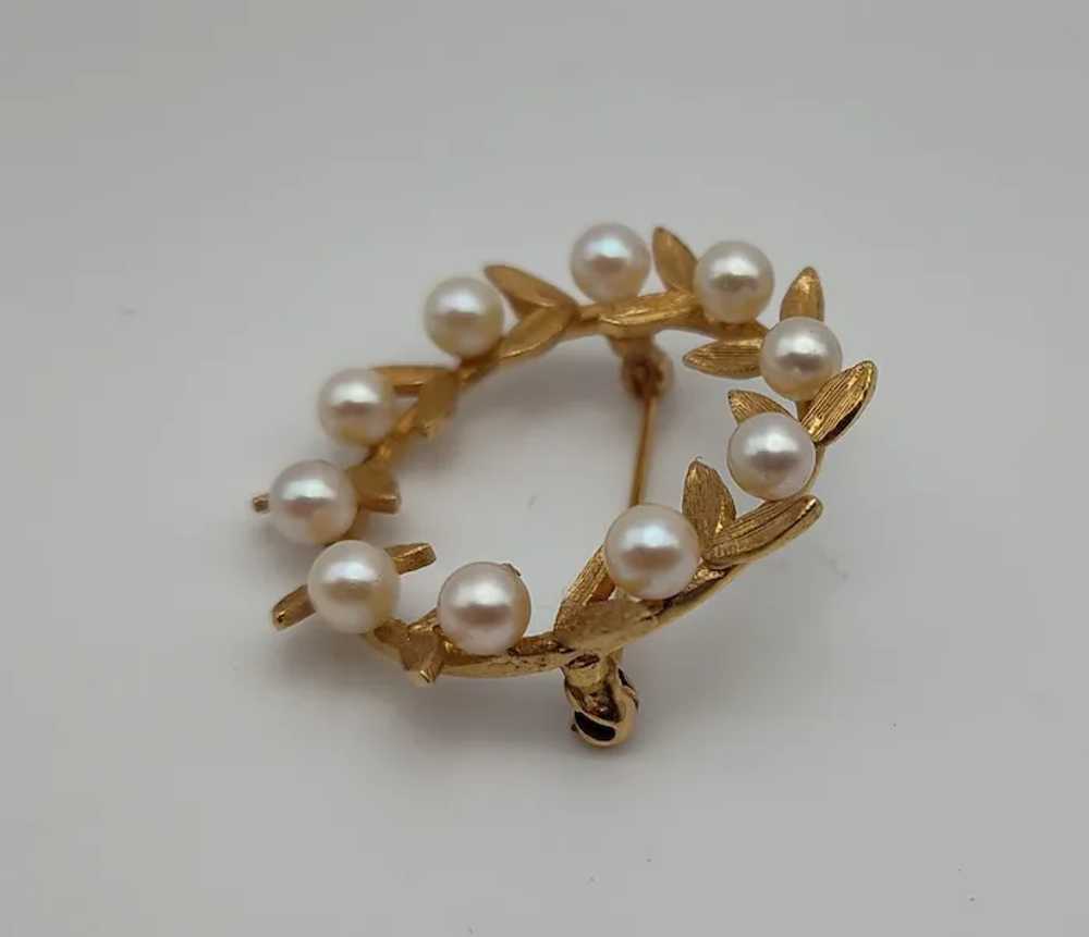 Cultured pearl round circle leaves 14k solid yell… - image 3