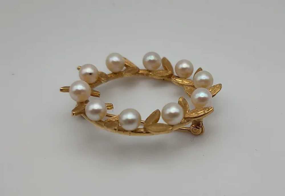 Cultured pearl round circle leaves 14k solid yell… - image 4