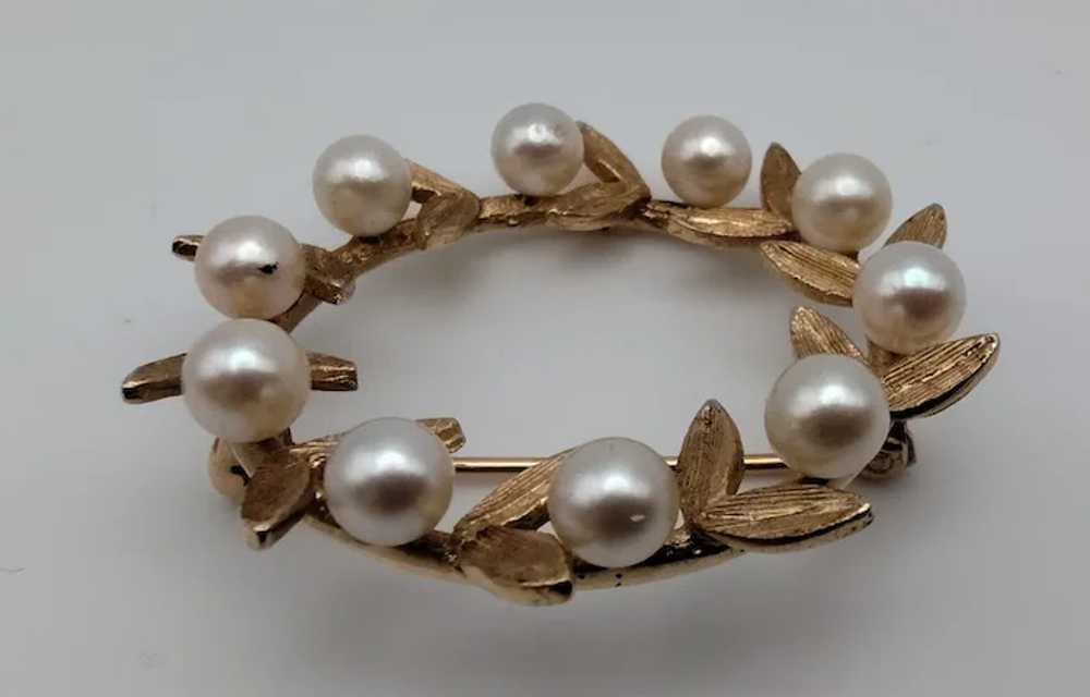 Cultured pearl round circle leaves 14k solid yell… - image 5