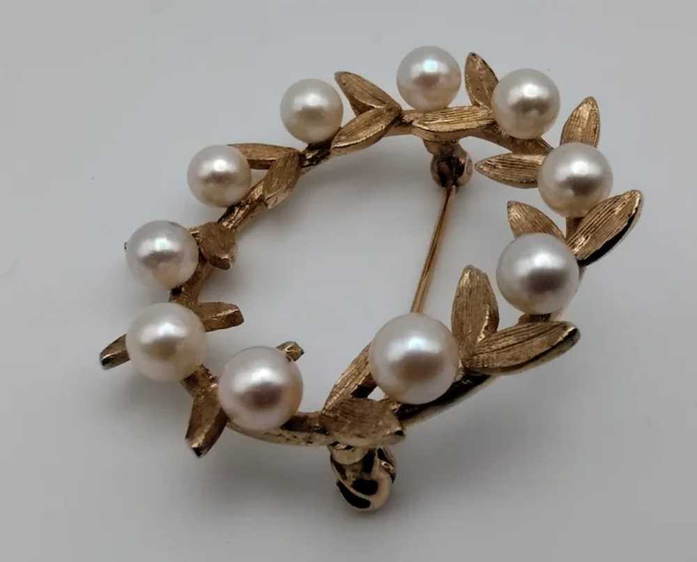 Cultured pearl round circle leaves 14k solid yell… - image 6