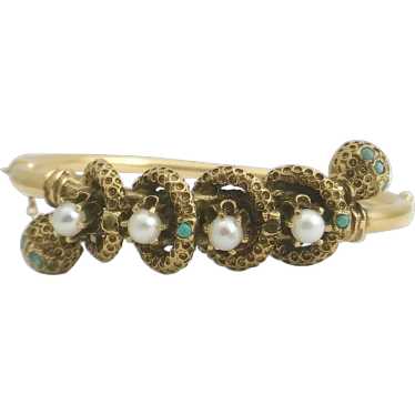 Victorian Revival Cultured Pearl Turquoise Bangle 