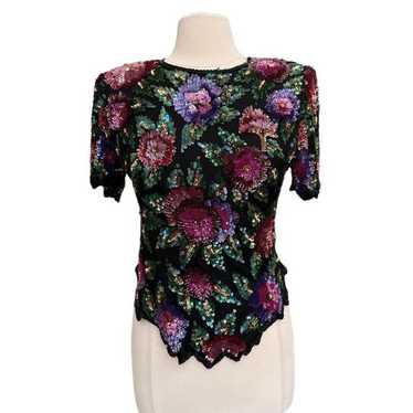 Vintage Laurence Kazar Silk Sequins Top Flower Ev… - image 1